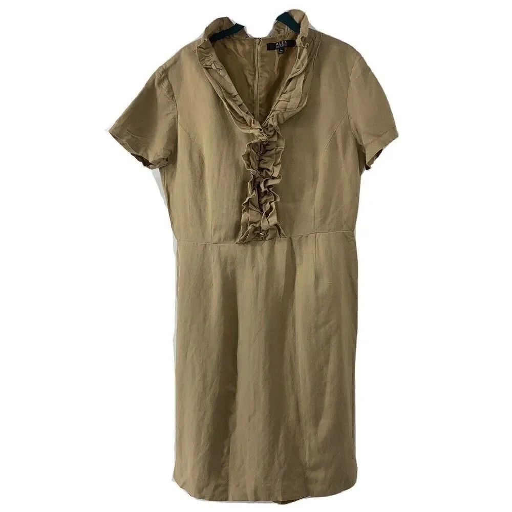 Alex Marie Linen Blend Dress 14 Brown Ruffled Neck